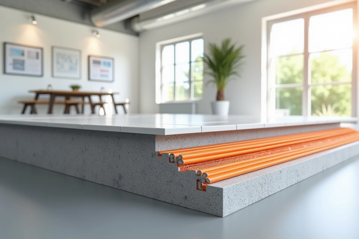 Coupe transversale d'un plancher chauffant montrant les couches d'isolation, tuyaux et chape dans un showroom de construction