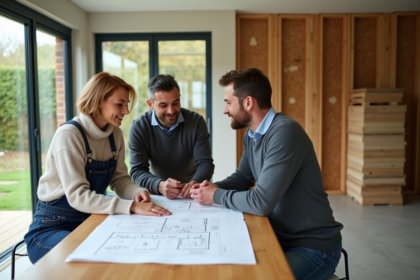 Couple de middleaged avec architecte dans une extension moderne