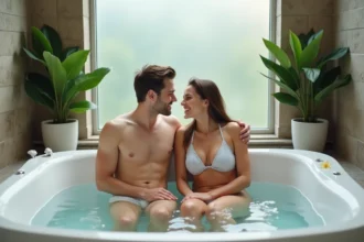 Jeune couple souriant dans un jacuzzi moderne et lumineux