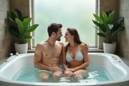 Jeune couple souriant dans un jacuzzi moderne et lumineux