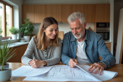 Couple d'adultes examine des plans de rénovation dans une cuisine moderne
