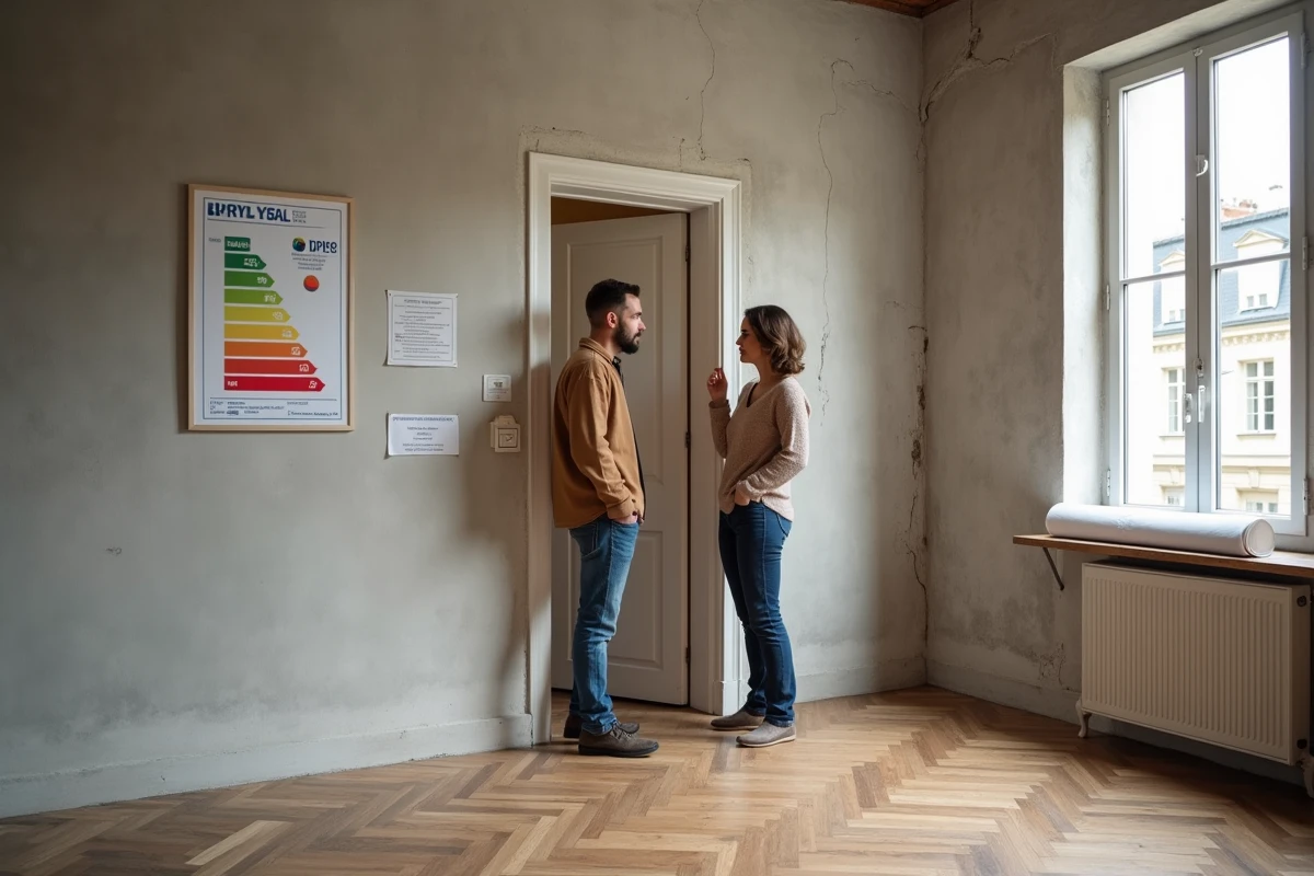 Couple visitant un appartement en rénovation et analysant l'étiquette DPE pour optimiser le prix de vente en 2026