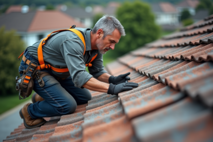 Ouvrier couvreur examinant un toit en fibercement ancien