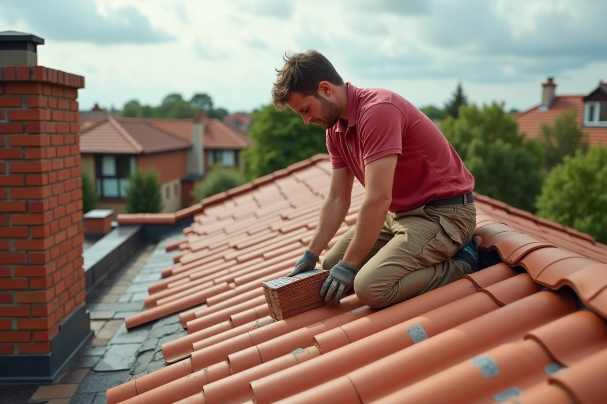 Couvreur posant des tuiles en terre cuite sur le toit d'une maison individuelle de 100m2 en fin de chantier