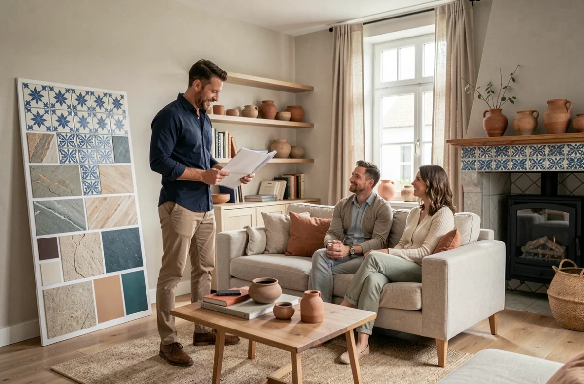 Décorateur d'intérieur présentant un projet résidentiel à des clients dans un appartement de style breton contemporain à Quimper