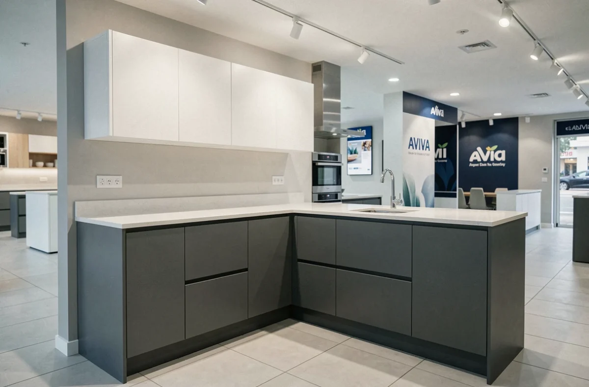 Cuisine Aviva Nice en bicolore anthracite et blanc avec plan de travail en quartz dans un showroom moderne