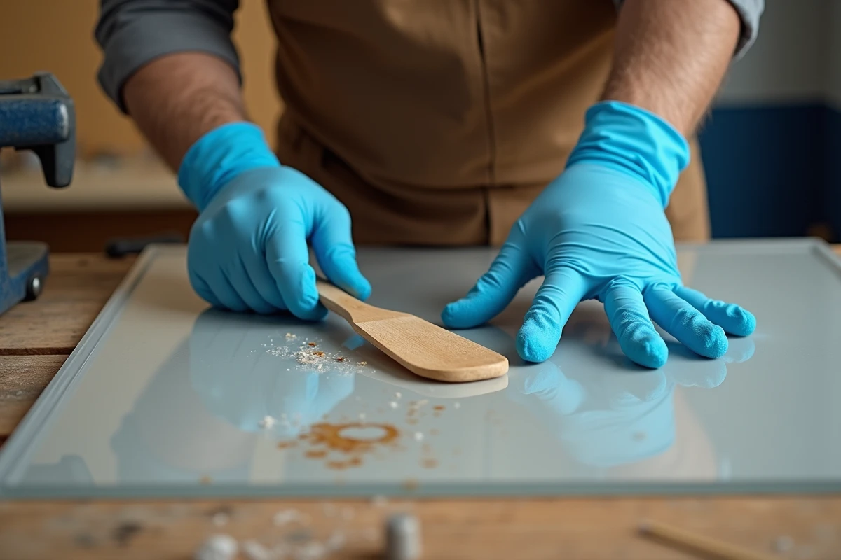 Mains gantées utilisant une spatule en bois pour décoller de la colle séchée sur une feuille de PVC transparent sur un établi d'atelier