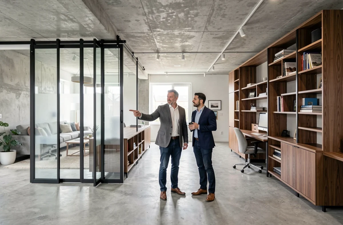 Décorateur à double compétence résidentiel et professionnel présentant un espace loft mixte à Brest avec mobilier modulable et séparation de zones