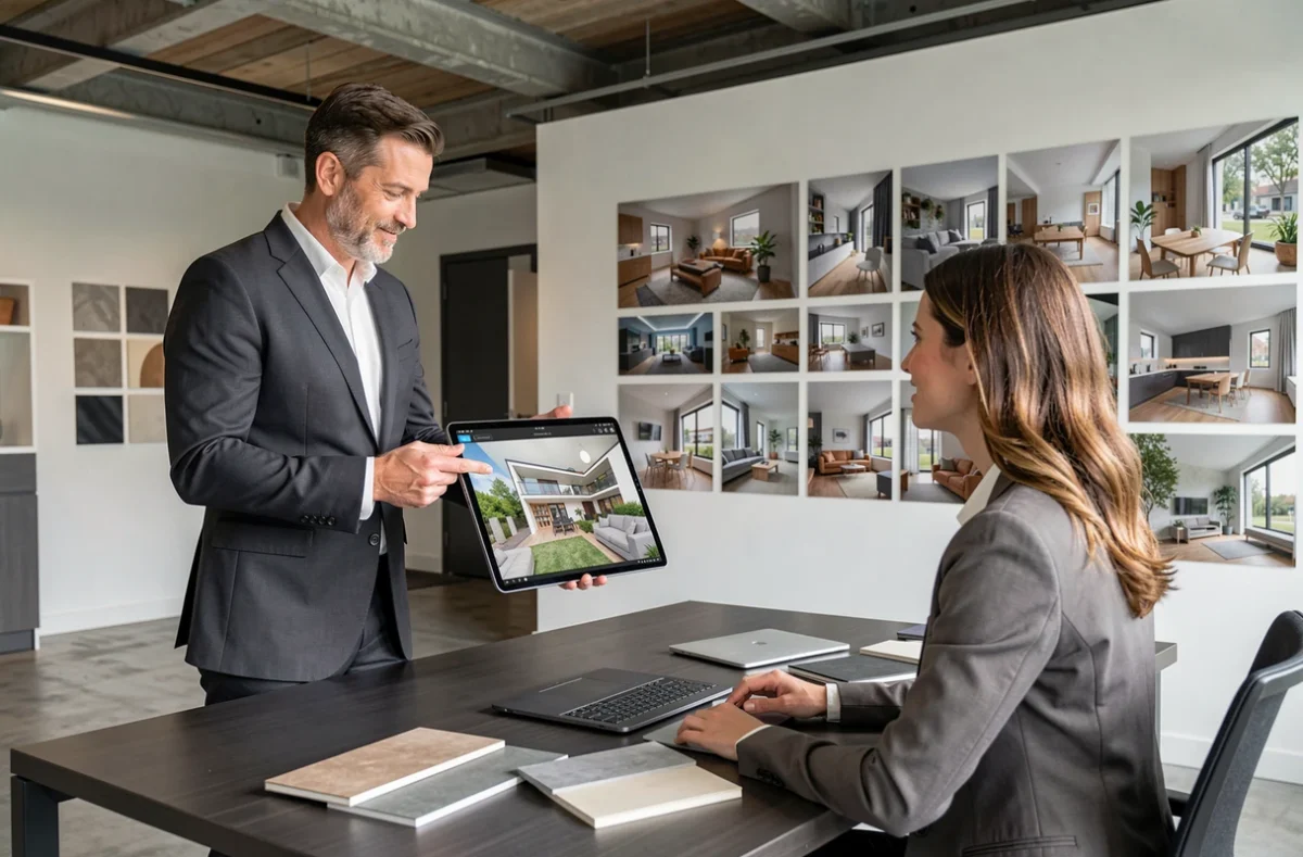 Décorateur d'intérieur d'Ille-et-Vilaine présentant un rendu 3D d'appartement rennais sur tablette à une cliente dans un studio contemporain