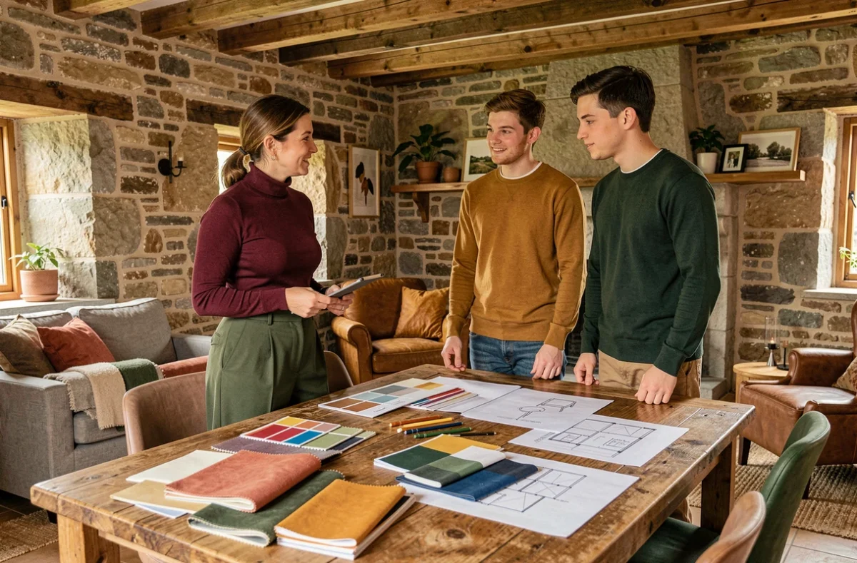 Décoratrice indépendante du Morbihan conseillant un couple dans la rénovation d'un cottage breton en pierre avec échantillons de tissus et plans