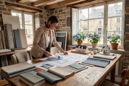 Décoratrice d'intérieur bretonne travaillant sur des plans et des échantillons de matières dans un studio au style architectural typiquement breton