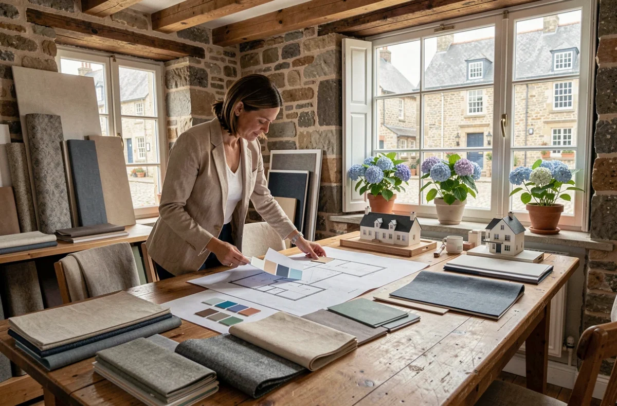 Décoratrice d'intérieur bretonne travaillant sur des plans et des échantillons de matières dans un studio au style architectural typiquement breton
