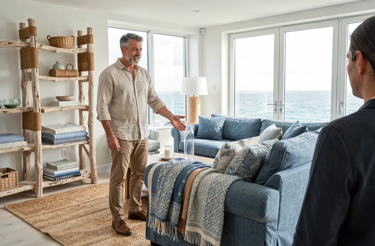 Décorateur spécialisé dans l'aménagement littoral présentant un intérieur de style maritime dans une maison face à l'Atlantique en Finistère