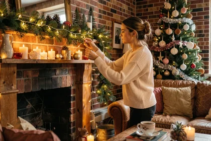Femme arrangeant des guirlandes lumineuses LED pas chères dans un salon décoré pour Noël avec des ornements festifs sur une cheminée en bois