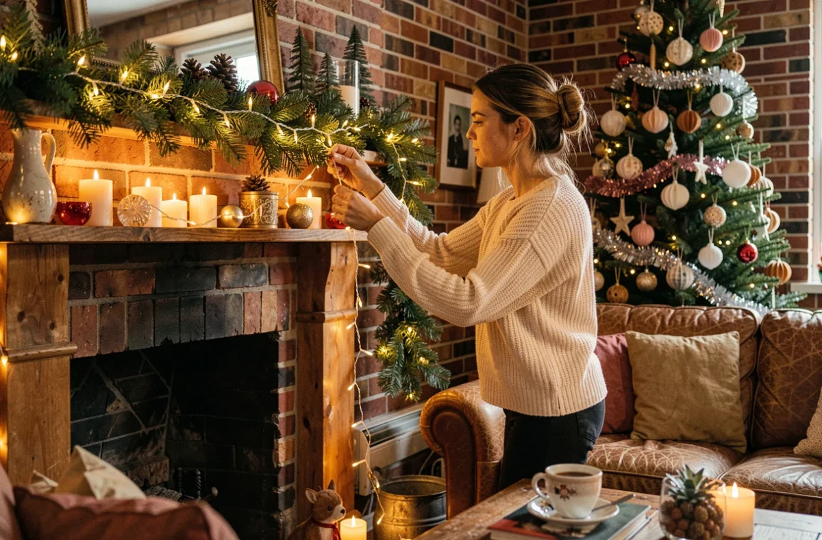 Femme arrangeant des guirlandes lumineuses LED pas chères dans un salon décoré pour Noël avec des ornements festifs sur une cheminée en bois