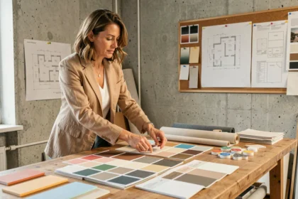 Décoratrice d'intérieur examinant des échantillons de matières et palettes de couleurs dans un studio professionnel parisien