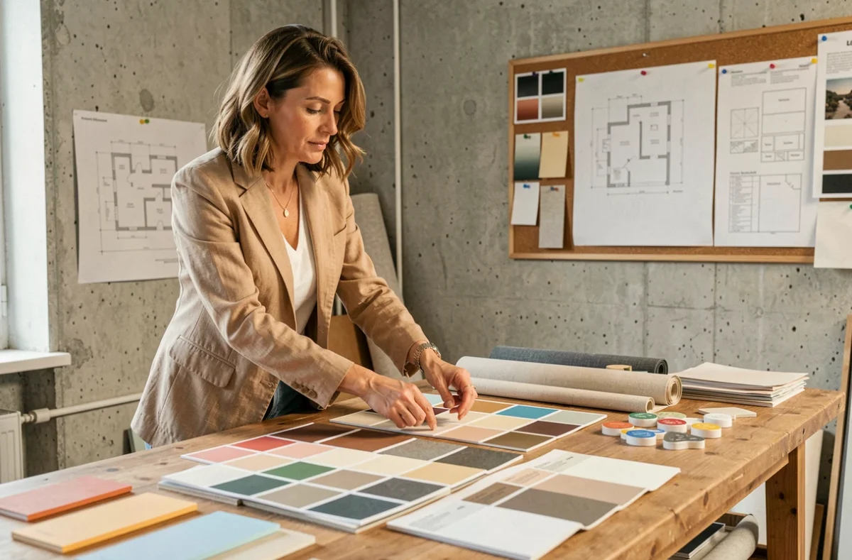 Décoratrice d'intérieur examinant des échantillons de matières et palettes de couleurs dans un studio professionnel parisien