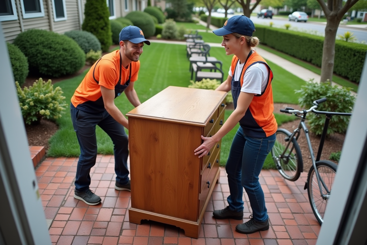Jeunes déménageurs portant une vieille commode dans une rue résidentielle