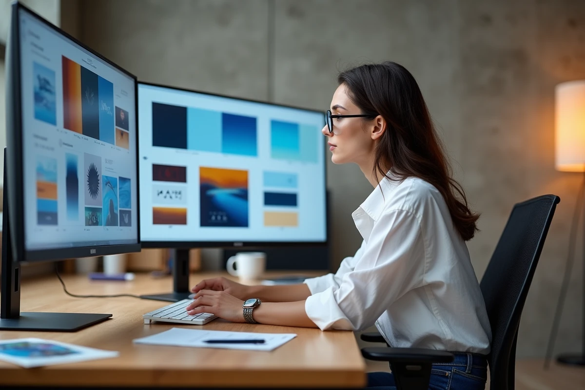 Designer analysant une identité visuelle digitale avec palette de couleurs bleu complémentaire sur écran en studio moderne