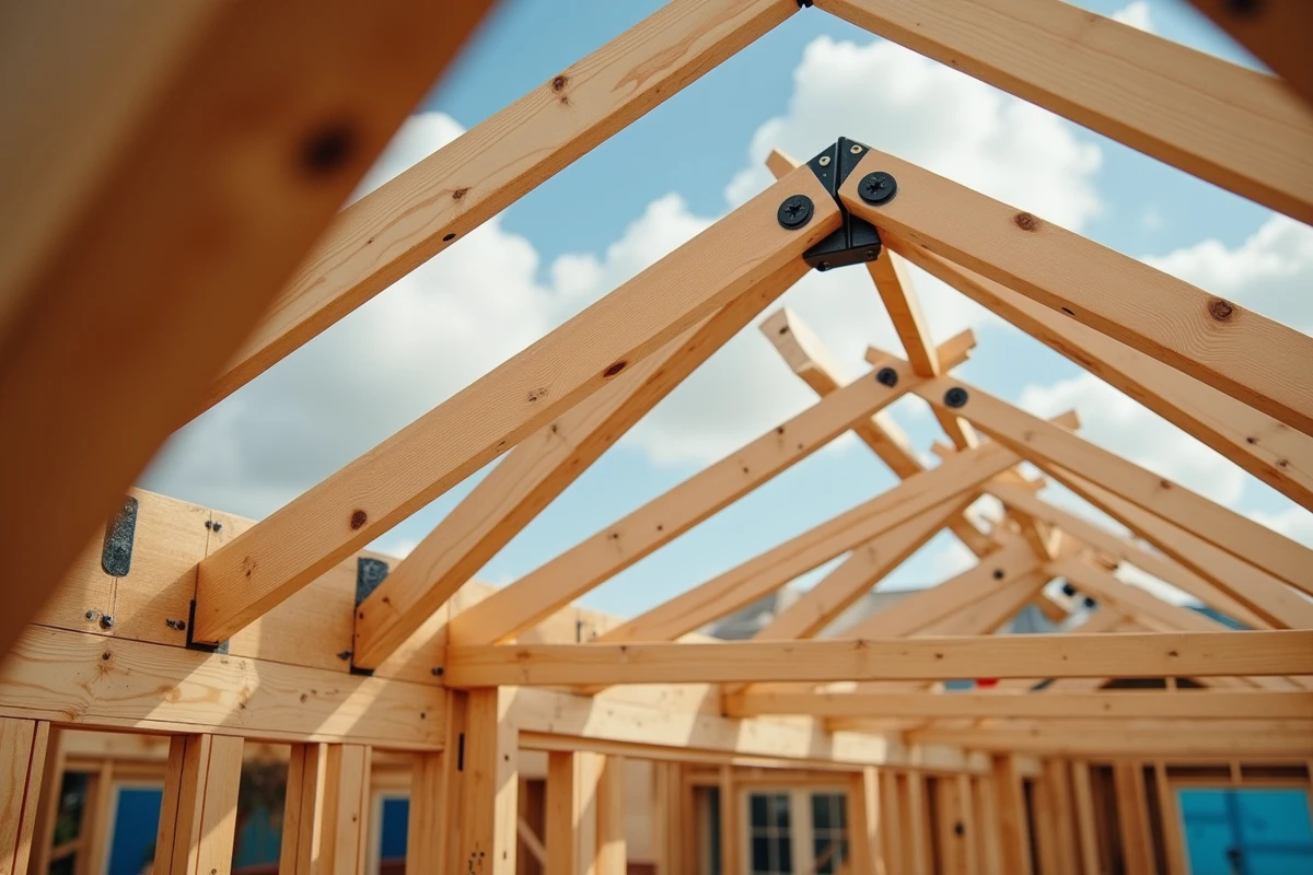 Détail des assemblages de fermes et pannes en bois d'une charpente traditionnelle pour une maison de 100m2