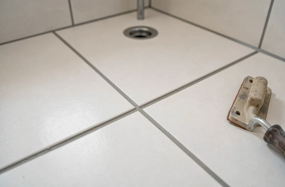 Détail de joints de carrelage en salle de bain avec clip de nivellement et taloche en caoutchouc