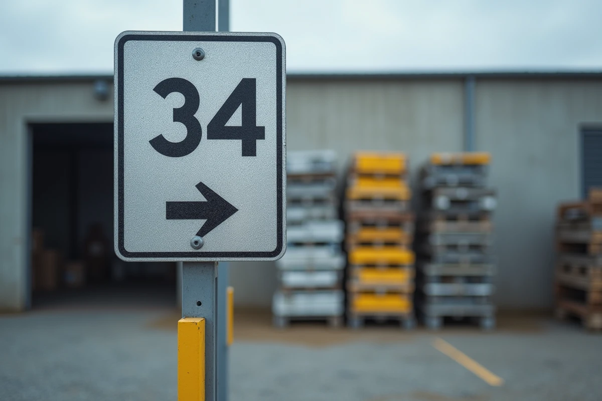 Détail rapproché d'un panneau B34 avec sous-panneau de distance, texture rétroréfléchissante et fixation réglementaire
