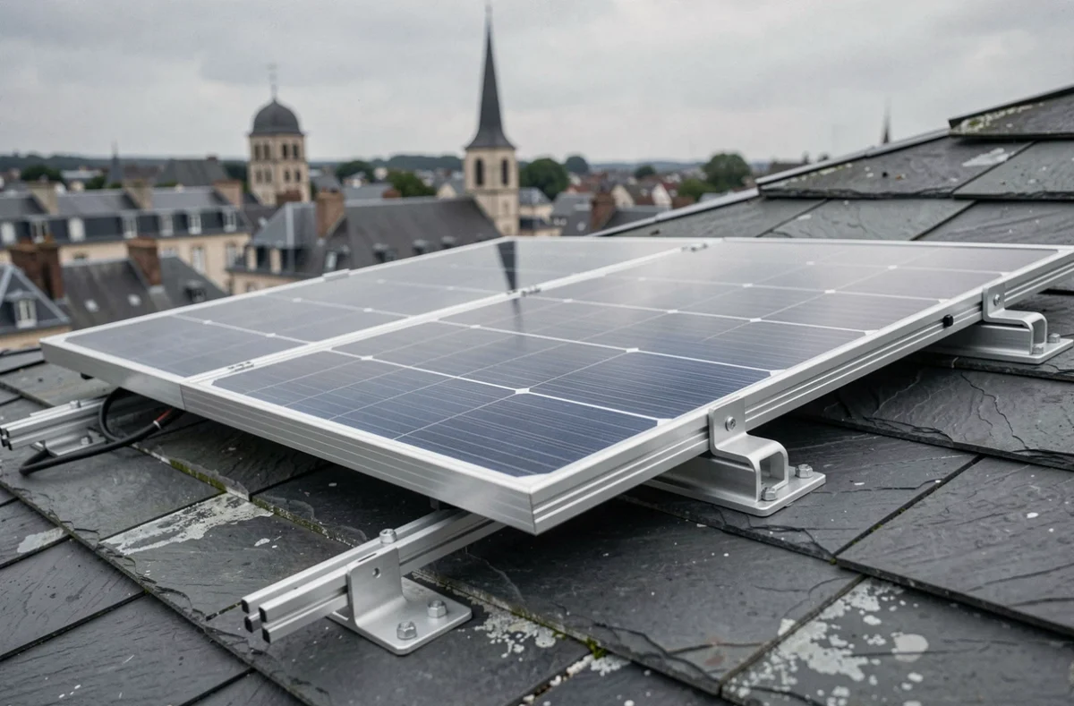 Gros plan sur des panneaux photovoltaïques installés sur une toiture en ardoise à Angers