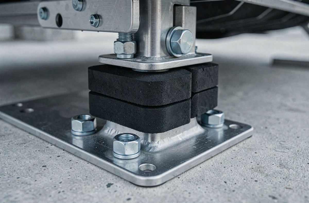 Gros plan sur les patins anti-vibration d'un support de pompe à chaleur en acier inoxydable sur terrasse béton