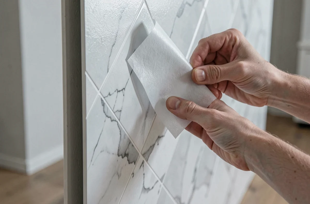 Gros plan sur des mains décollant le support protecteur d'un revêtement mural autocollant grande surface à motif marbre géométrique