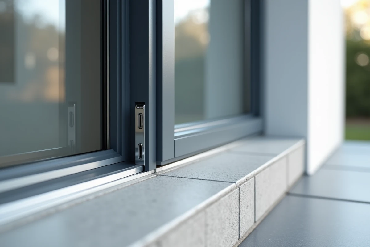 Détail technique du seuil et du cadre d'une porte d'entrée en composite gris anthracite avec joint thermique