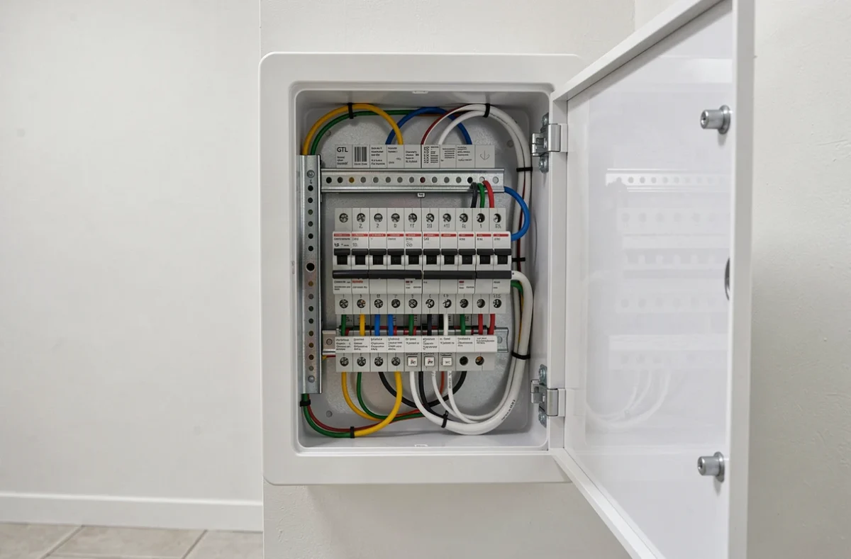 Détail intérieur d'un tableau GTL normalisé avec disjoncteurs et câblage organisé