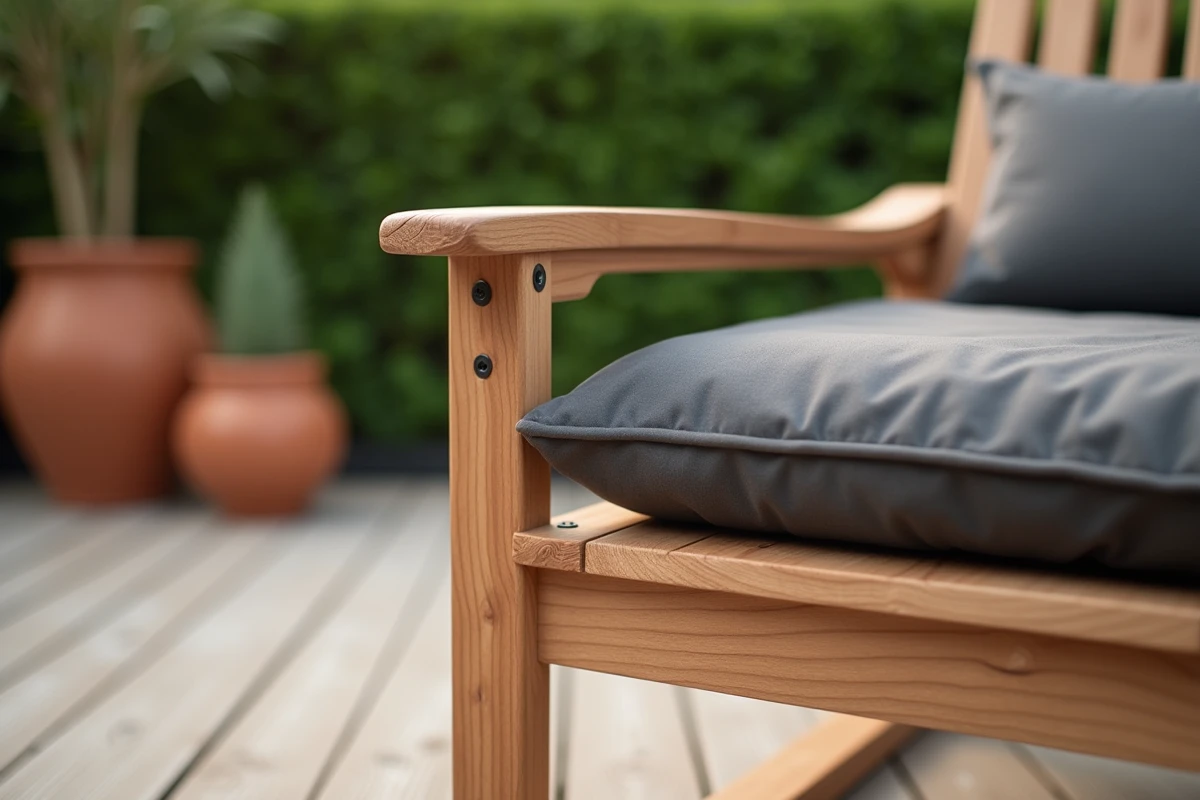 Détail de la texture et de l'assemblage d'un fauteuil de jardin en teck massif contemporain sur terrasse en bois