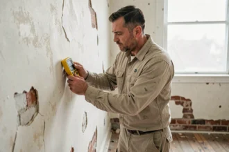 Professionnel du bâtiment utilisant un détecteur d'humidité sur un mur intérieur endommagé avant travaux de rénovation