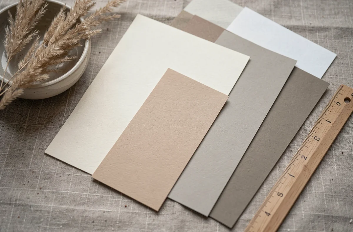 Flat-lay d'échantillons de papier beige en différents tons sur nappe en lin avec accessoires de décoration