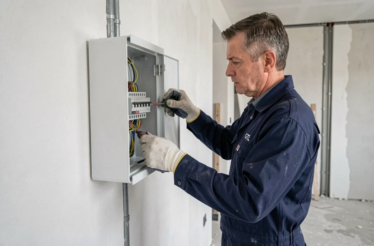 Électricien installant un tableau GTL dans une maison neuve en cours de construction