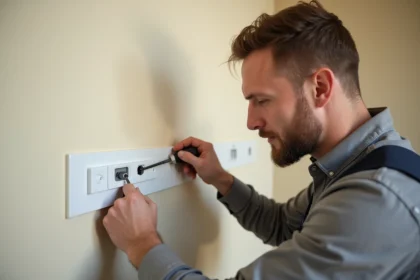 Électricien installant une goulotte blanche avec prise intégrée sur un mur de bureau moderne