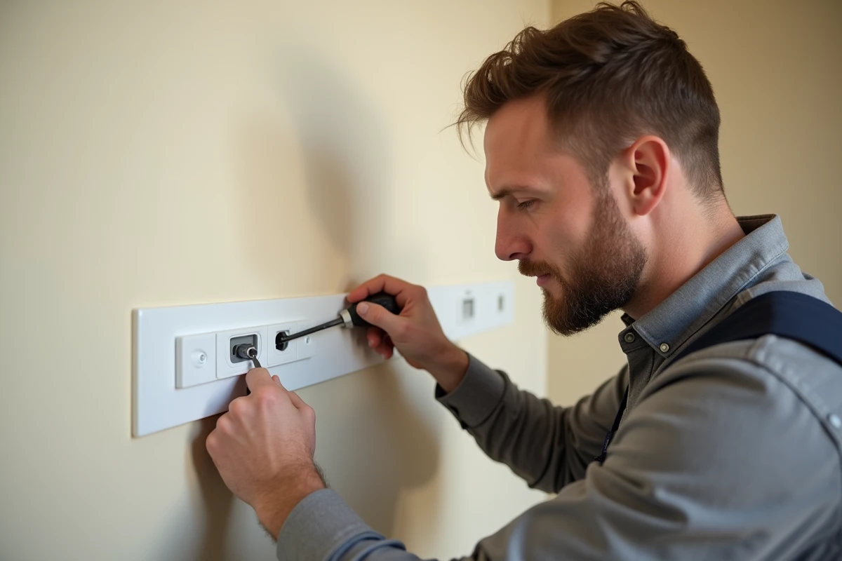 Électricien installant une goulotte blanche avec prise intégrée sur un mur de bureau moderne