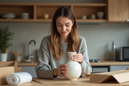 Femme emballant un vase en céramique délicat avec soin