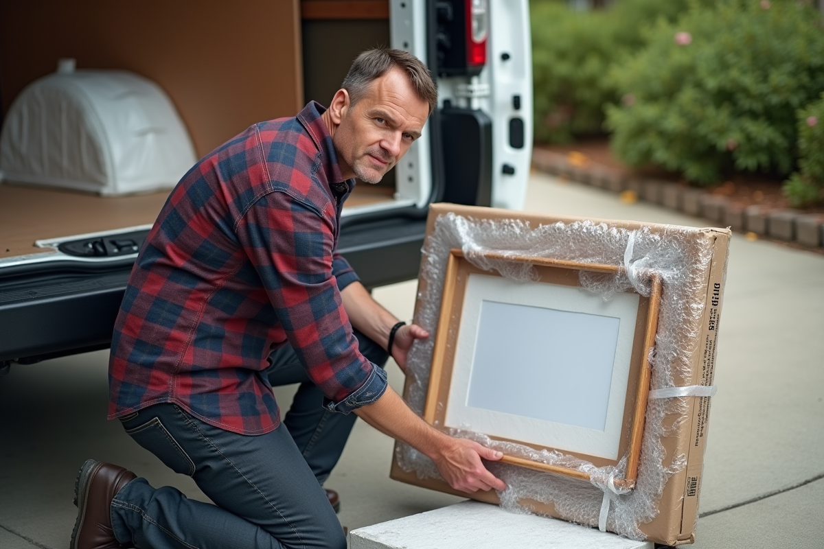 Homme emballant une grande photo dans une caisse de déménagement