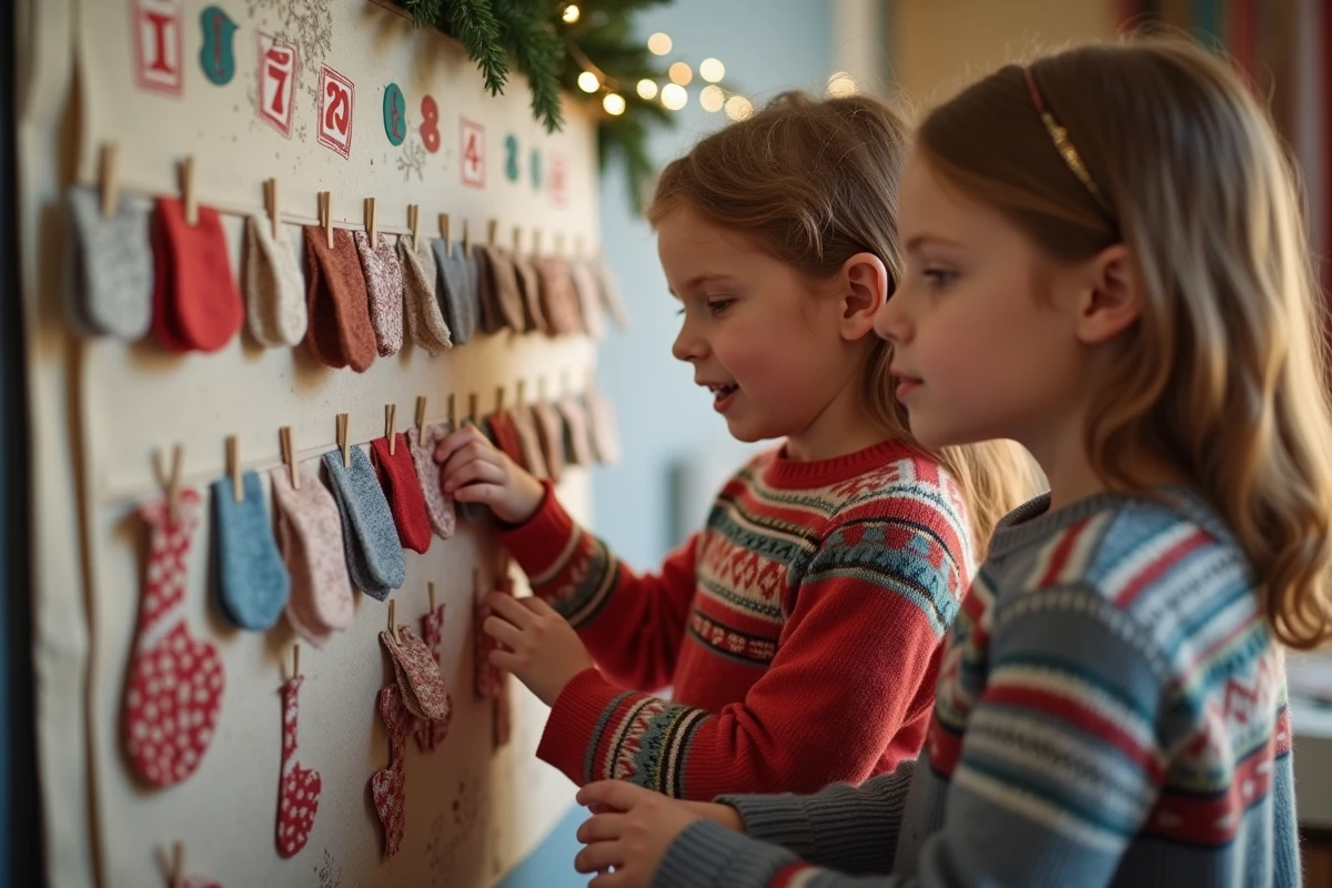 Deux enfants ouvrent des pochettes du calendrier de l