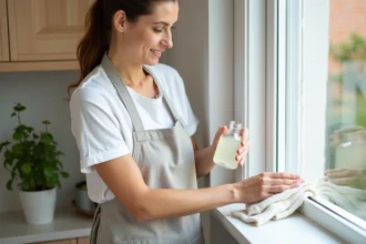 Femme appliquant du vinaigre blanc sur un résidu de colle sur un cadre en PVC blanc avec un chiffon microfibre dans une cuisine domestique
