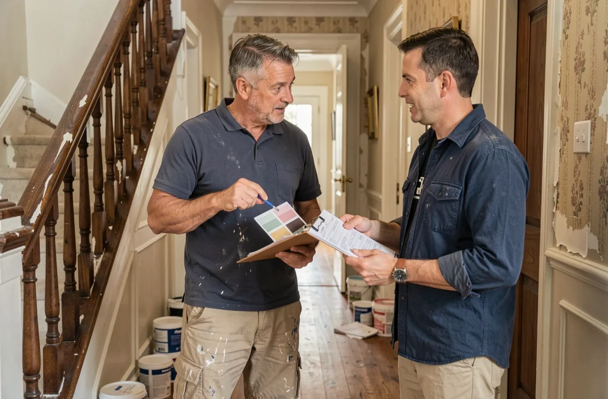 Artisan de l'Entreprise Lecordier discutant d'un projet de rénovation avec un client dans un couloir en travaux