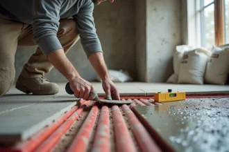 Ouvrier étalant une chape liquide sur un plancher chauffant avec tuyaux PEX visibles lors d'une construction résidentielle