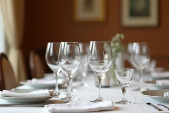 Disposition incorrecte des verres sur une table dressée formellement, montrant une erreur fréquente de placement du verre à eau et du verre à vin