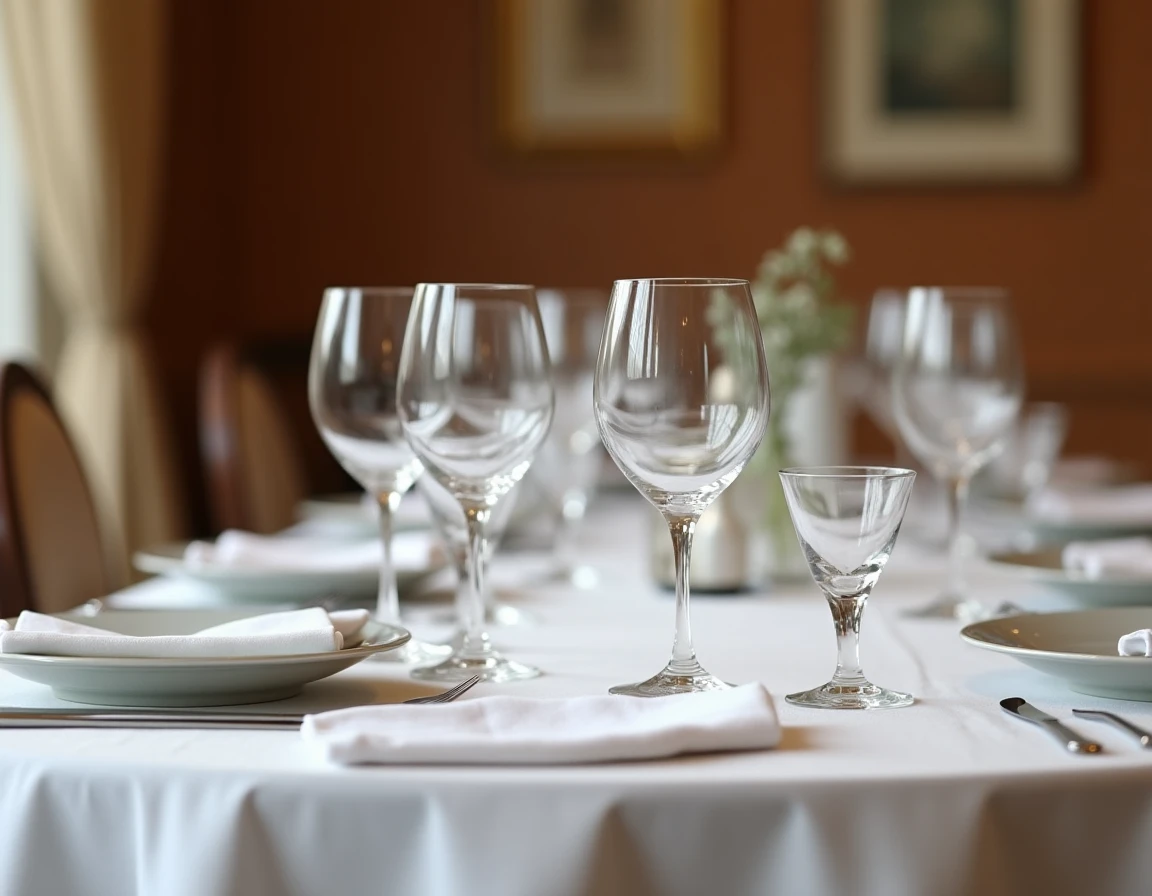 Disposition incorrecte des verres sur une table dressée formellement, montrant une erreur fréquente de placement du verre à eau et du verre à vin