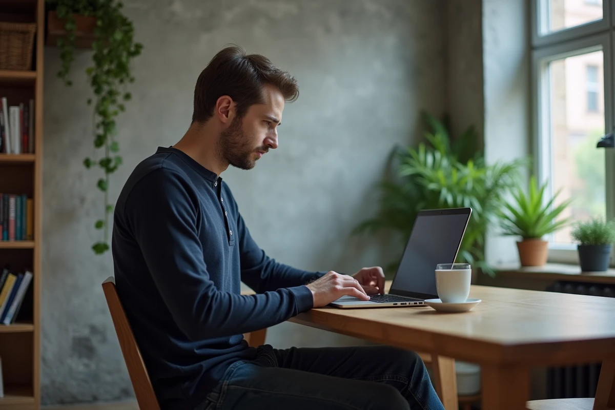 Homme en posture inconfortable à une table à manger trop basse illustrant les erreurs de hauteur de mobilier