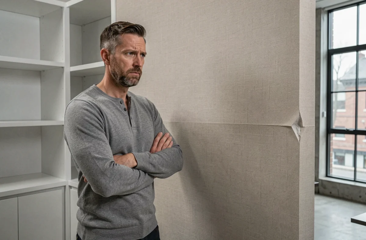 Homme inspectant une pose de papier peint beige mal aligné dans un bureau moderne