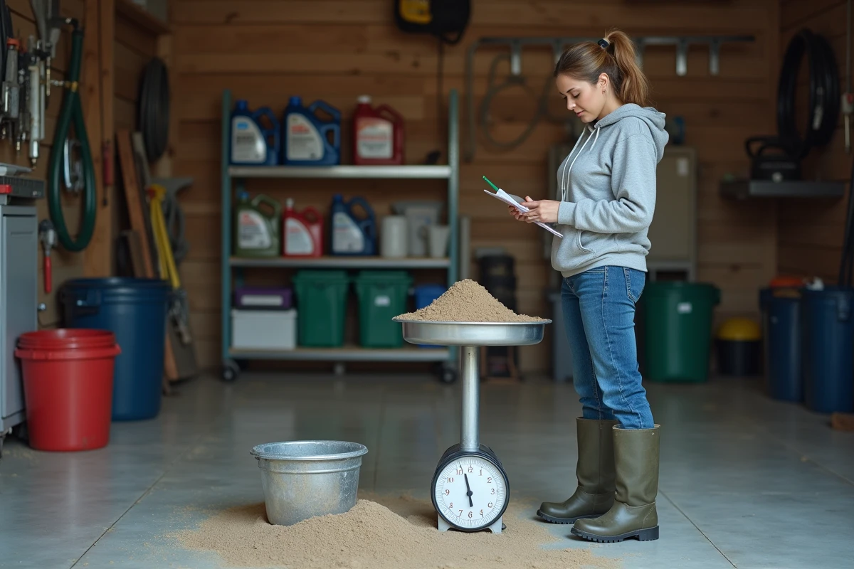 Femme estimant le poids d'un seau de sable sur une balance dans un garage pour vérifier la capacité de sa remorque