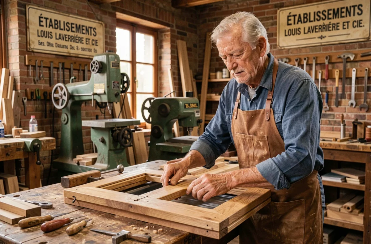 Artisan des Établissements Louis Laverrière assemblant des volets traditionnels en chêne dans un atelier familial historique