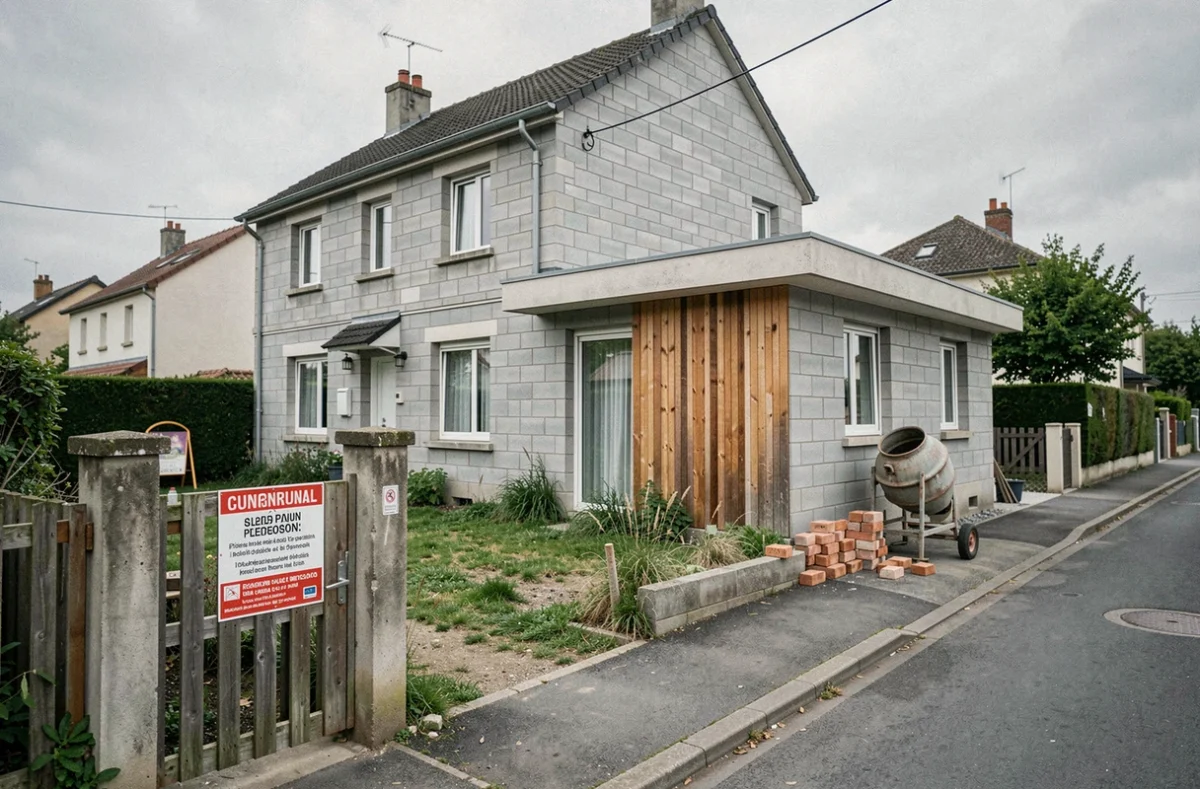 Extension de maison de 40 m2 avec avis d'infraction administrative affiché sur le portail